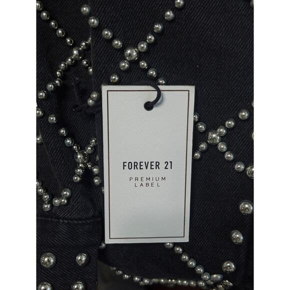Forever 21 black cropped denim jacket with silver studs sz S Y2K festival glam - Picture 4 of 4